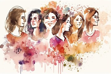 Fototapeta na wymiar llustration in watercolor style of a happy women's group. Ai generative.