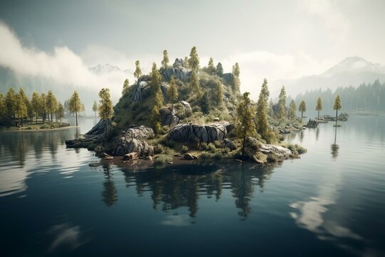 3D rendered mountain lake and trees on floating islands. Generative AI