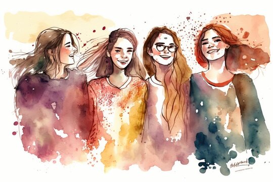 llustration in watercolor style of a happy women's group. Ai generative.