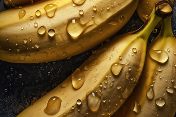 View from above of ripe yellow bananas with water droplets, zoom. Beautiful fruit wallpaper. Wet realistic banana backdrop, black background. Generative AI professional macro photo imitation