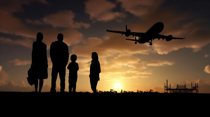 Fototapeta na wymiar Silhouette of young family and airplane, generative ai