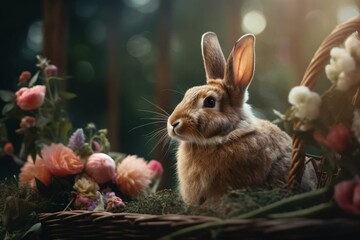 A delightful combination of a bunny and Easter flowers, perfect for the spring season. Generative AI