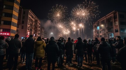 A gathering of celebrants awaiting the dawn of the new year, with a dazzling exhibition of fireworks lighting up the night sky. Generative AI