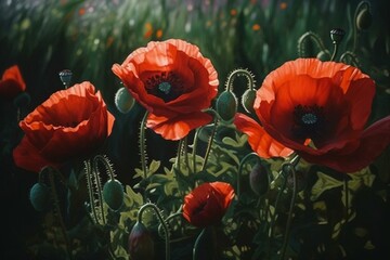 Oil painting of red poppies amidst green fields. Generative AI