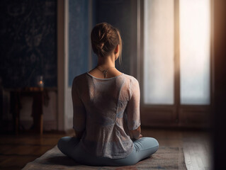 Young woman with good posture meditating at home, generative ai