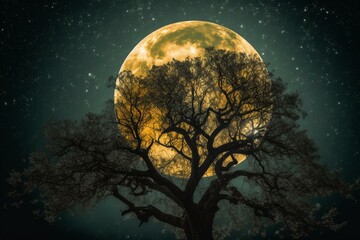 Fototapeta na wymiar Tree with full moon, splatters, green background, yellow stars, black outline. Generative AI