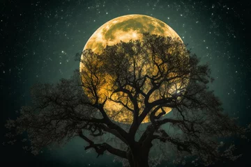 Foto auf Acrylglas Vollmond und Bäume Tree with full moon, splatters, green background, yellow stars, black outline. Generative AI
