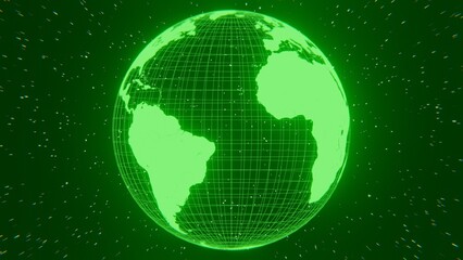 Abstract background earth globe sphere hologram made of green neon glow hi-tech sci-fi futurisctic energy in dark space with shining stars. Computer graphics, 3d render, 4k illustration