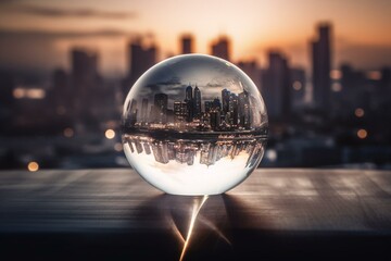 A crystal sphere hovers over an active metropolis. Generative AI