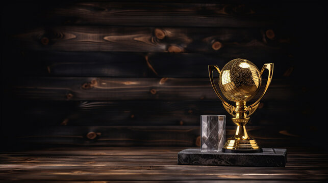 Gold trophy over wooden table and dark background, with abstract shiny lights, generative ai