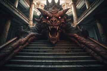Infernal scene; colossal devil visage with stairway to gaping maw. Generative AI