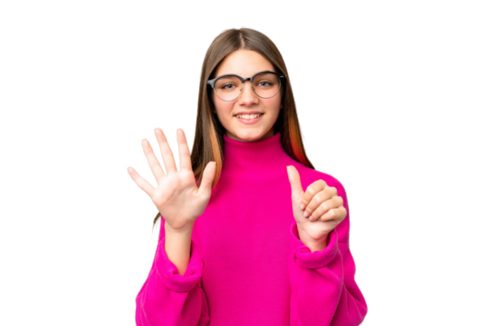 Teenager girl over isolated chroma key background counting six with fingers