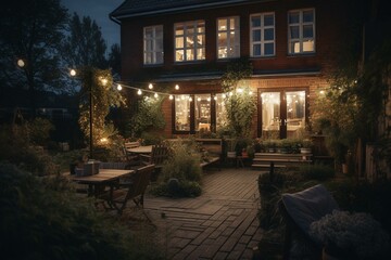 Fototapeta na wymiar Pleasant night on patio of lovely suburban house with garden lights. Generative AI