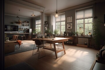 Naklejka na ściany i meble Image of a home interior with a functional work area. Generative AI