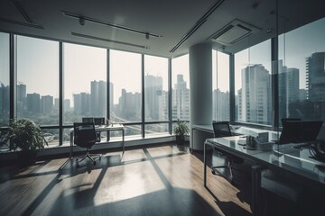A bright office room with panoramic windows in the corner view. Generative AI