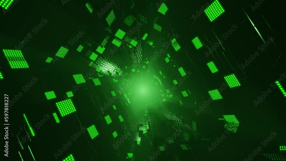 Poster abstract sci-fi hi-tech 3d neon background, green matrix glowing cubes, laser rays. seamless loop an