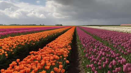 Colorful open field with beautiful tulips. Generative AI