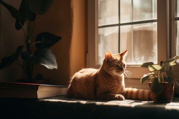 Cute red cat on yellow windowsill against sunlight, green plant, books, minimal style. Generative AI