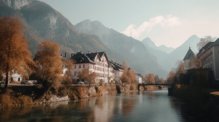 Beautiful old town surrounded by mountains view. Generative AI