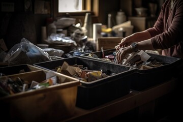 A mid-shot of a person sorting recyclable materials in their home, separating paper, plastic, and metal items into designated bins. Generative AI