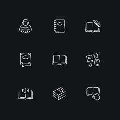 Books linear chalk icon set. Hand drawing effect icons. Vector isolated black illustration