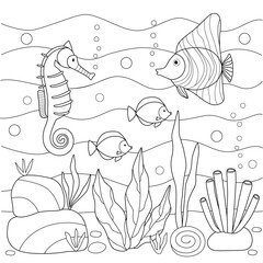Kids coloring book with underwater world of fish algae. Black outline sketch with simple shapes.