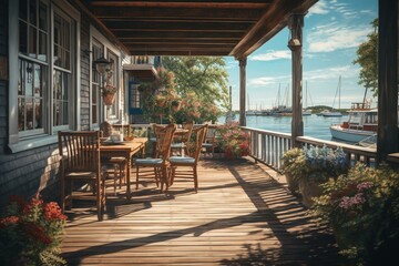 A painting of a waterfront porch with table, chairs, and boats in the distance. Generative AI