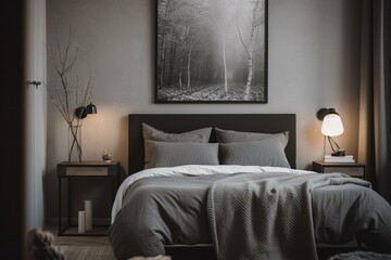 A grey bedroom with bed, nightstand, and mockup frame. Generative AI