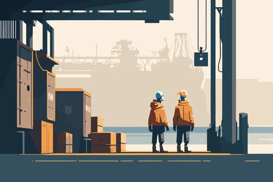 Dock workers at dock, Modern, Clean, Simple and Minimal, Streamlined Tech Illustration
