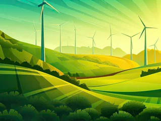 Foto op Canvas Environmental energy green illustration digital art landscape wind turbines mountains background © Yan