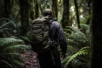 Fototapeta na wymiar A backpacker walking along a forest trail with a large backpack, surrounded by lush greenery. Generative AI