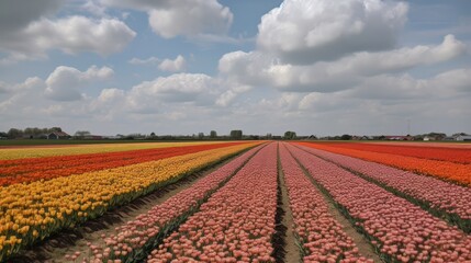 Colorful open field with beautiful tulips. Generative AI