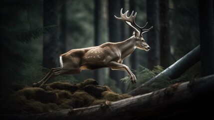 A deer running and jumping over a tree trunk in the forest. Generative AI illustration.