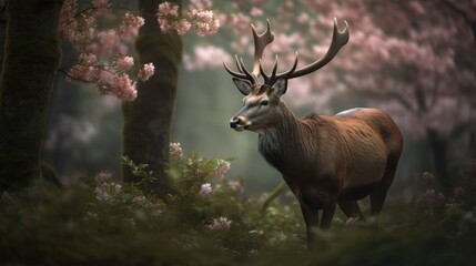 Naklejka na ściany i meble A majestic deer in the forest. Generative AI illustration.