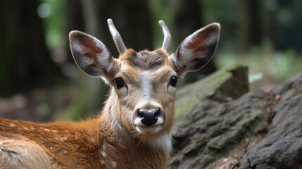 Close-up portrait of a deer in the forest. Generative AI illustration.