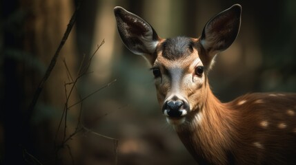 Fototapeta premium Close-up of a curious deer in the forest. Generative AI illustration.
