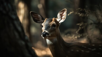 Close-up of a deer peeking through the tree in the forest. Generative AI illustration.