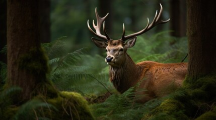 Naklejka na ściany i meble A majestic deer peeking through the trees in the forest. Generative AI illustration.