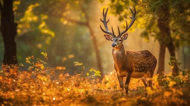 A beautiful deer in the forest in autumn. Generative AI illustration.