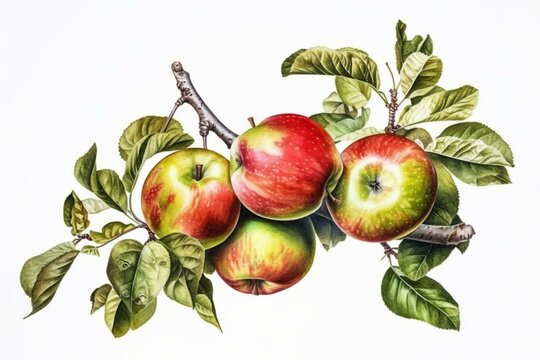 Watercolor painting of apples on a tree isolated on white. Generative AI