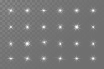 Fototapeta premium White glowing light explodes on a transparent background. Shiny magical dust particles. Bright Star. Transparent shining sun, bright flash. Vector sequins.