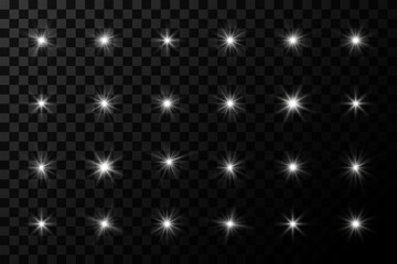 White glowing light explodes on a transparent background. Shiny magical dust particles. Bright Star. Transparent shining sun, bright flash. Vector sequins.