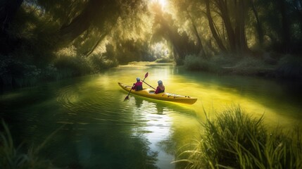 Couple enjoying a kayaking adventure together on a tranquil river, navigating the gentle current with ease. Generative AI