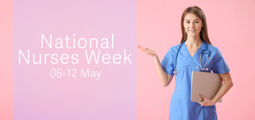 Female medical worker with laptop on pink background. National Nurses Week