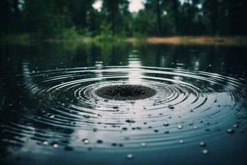 Beautiful circle ripples in the pond with water reflecting the sky and tree. Close-up of rain drops in wet weather. Background nature motion. Generative AI