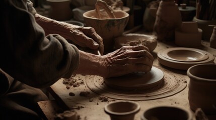 A person with a prosthetic arm working on a pottery wheel, fully immersed in their creative process. Generative AI