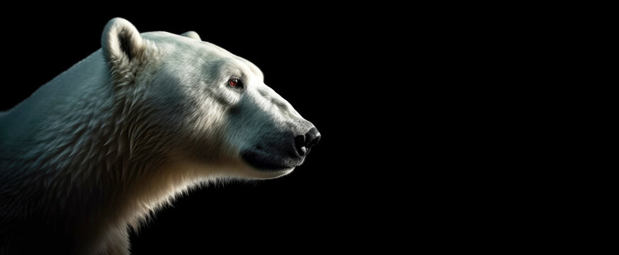 The head of a bear in profile close-up. Panoramic image of a polar bear's head on the right against the background of a black isolated banner. Generative AI.