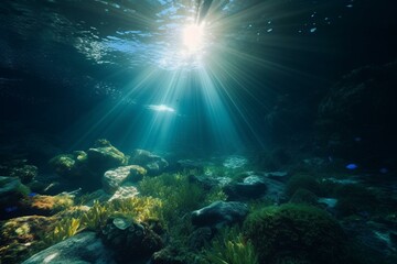 Fototapeta na wymiar Stunning underwater scenery illuminated by rays of light. Generative AI