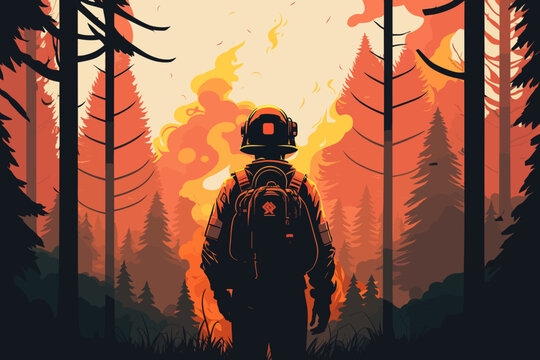 Firefighter at forest fire, Modern, Clean, Simple and Minimal, Streamlined Tech Illustration