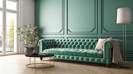 Green mint wall with sofa & sideboard on and grey pillow, wood floor-interior, generative ai